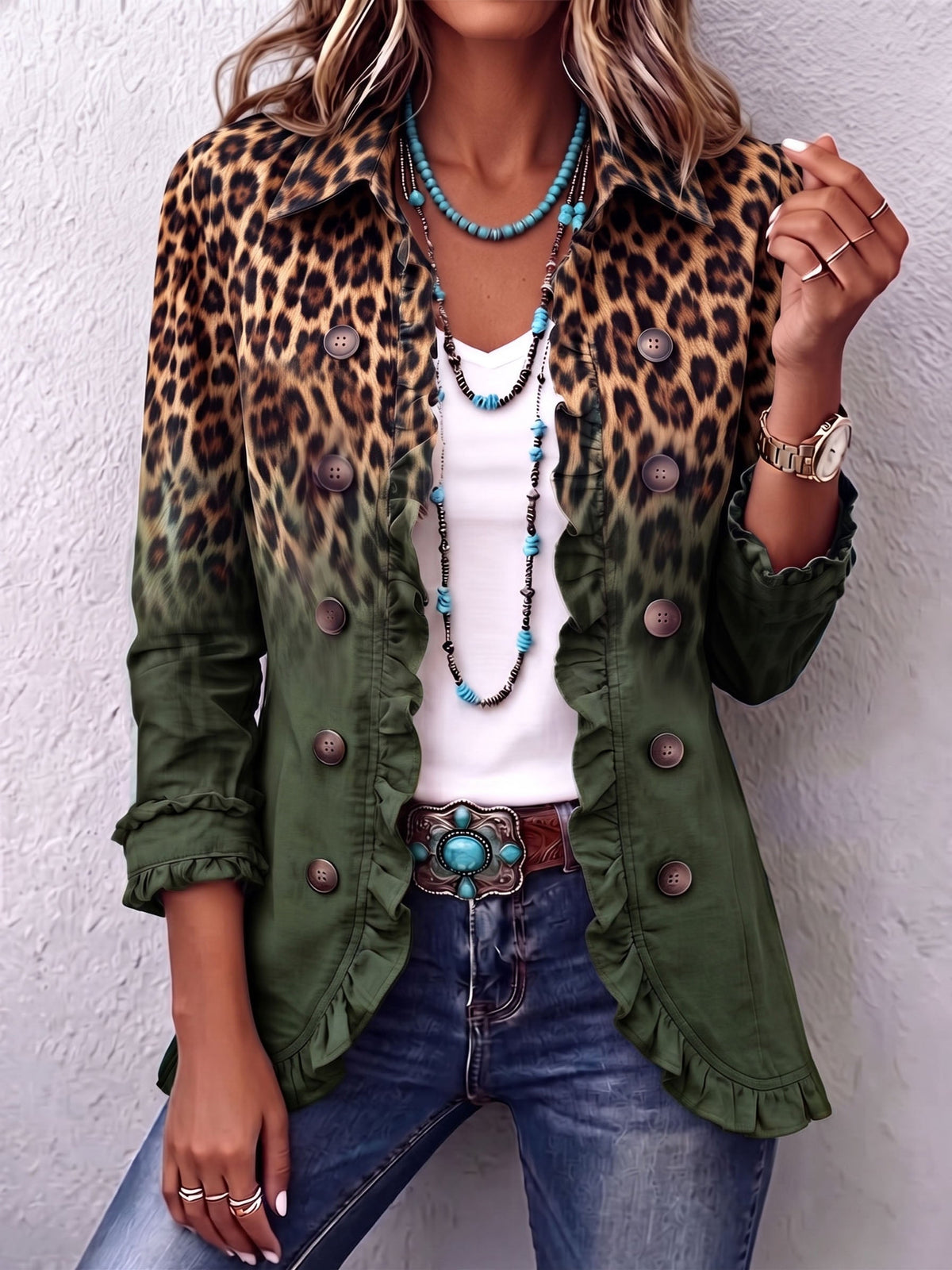 Casandra | Elegante blazer de leopardo degradado con volantes