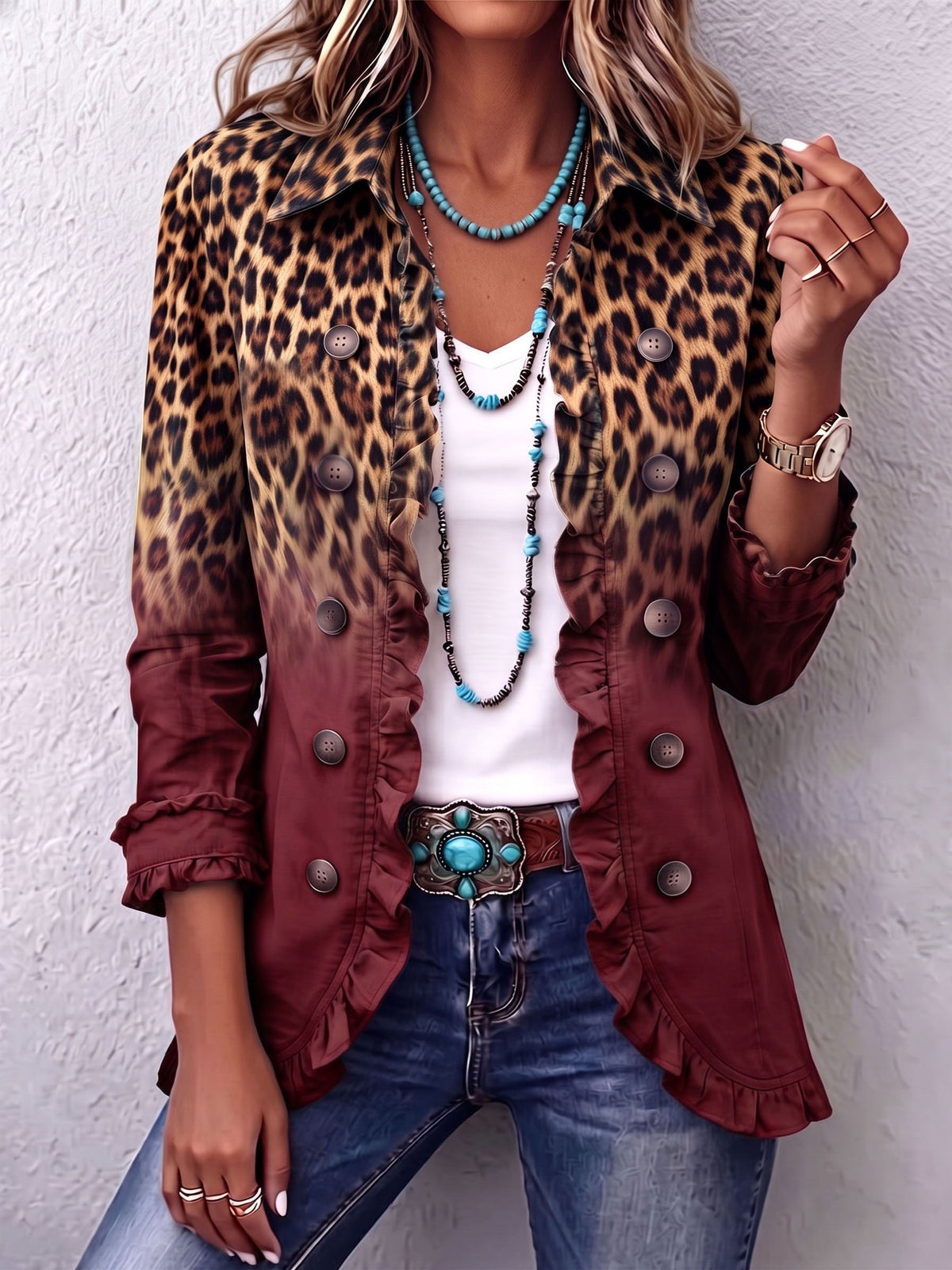 Casandra | Elegante blazer de leopardo degradado con volantes