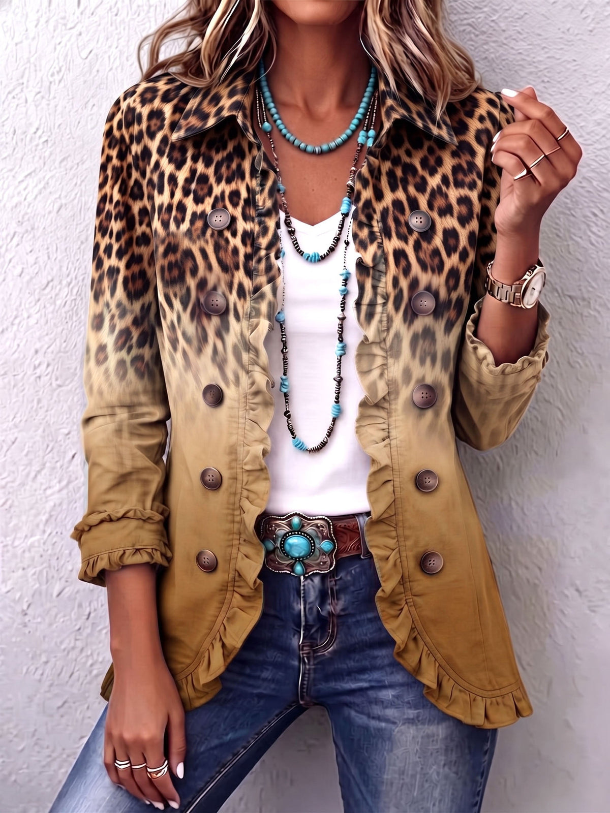 Casandra | Elegante blazer de leopardo degradado con volantes