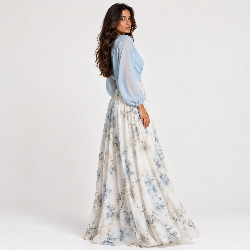 Vestido Pénélope azul y floral - vista trasera