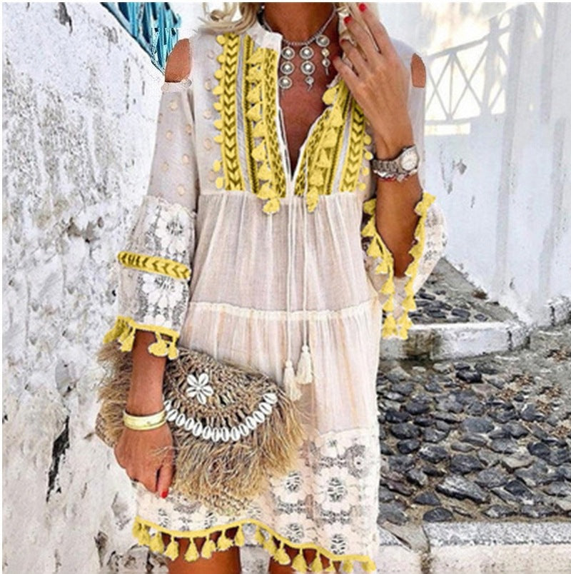 Vestido de mujer ligero y bordado de algodón y lino – transpirable y con protección UV